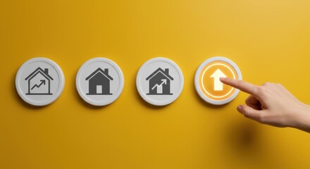 Business concept of real estate market growth, with a hand selecting a glowing upward arrow icon to symbolize property value increase