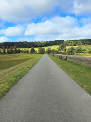 Straight walking path running through open Yorkshire countryside. Surrounded by fields, trees and a dry stone wall under a blue sky. Perfect for wellness, travel, or design background use.