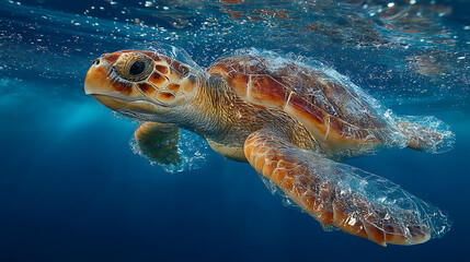 Fototapeta premium underwater plastic pollution danger highlighted by sea turtle partially trapped in waste symbolizing ecosystem damage marine life threat and conservation need worldwide