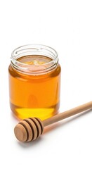 A clear glass jar filled with golden honey sits alongside a wooden honey dipper, both casting soft shadows on a bright white background, ideal for showcasing natural sweeteners and healthy eating .