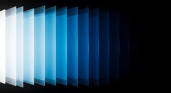 Vertical Translucent Blue Gradient Panels on Black Background, Showing Light to Dark Color Transition and Depth
