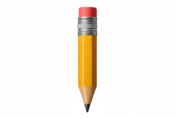 Yellow short pencil featuring pink eraser, metallic tip, sitting on transparent backdrop, perfect for learning, designing