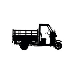 Black silhouette of a three-wheeled cargo auto rickshaw with wooden bed three wheeler cargo vehicle