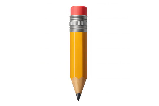 Yellow short pencil featuring pink eraser, metallic tip, sitting on transparent backdrop, perfect for learning, designing