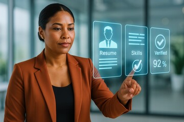 Enhancing career opportunities professional woman evaluating skills and resume in modern office environment interactive digital display