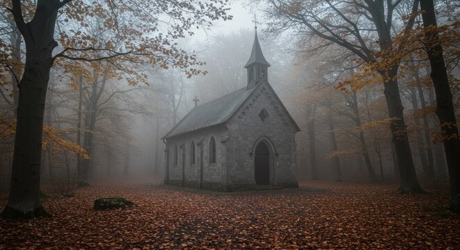 Fogshrouded stone chapel in a forest clearing autumn leaves cover the ground