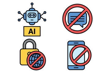Technology Restriction Vector Icons Featuring AI Robot, No Chat, Internet Censorship, and No Smartphone. Digital Privacy Concept Set for Data Security and Communication Ban