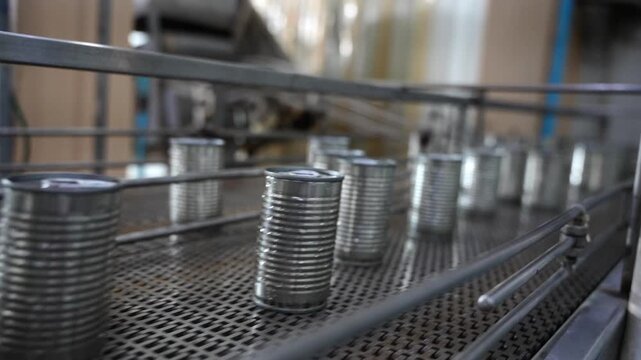 Several metal cans are lined up on a conveyor in a production facility. Workers in the background monitor the machinery's operation, ensuring a smooth flow of the manufacturing process.