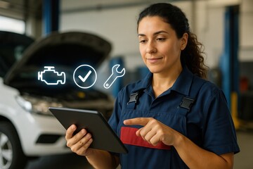 Automotive technician checking engine diagnostics auto repair shop digital interaction indoor close-up technology awareness