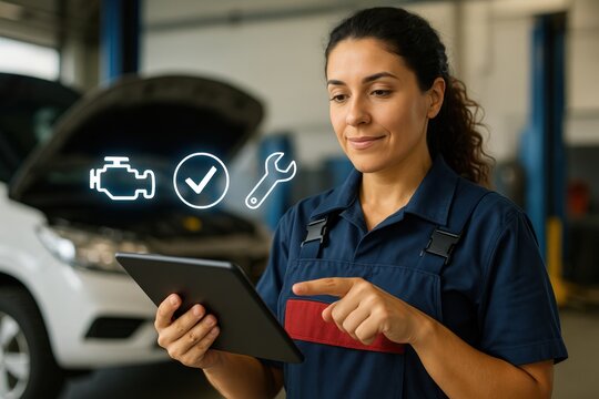 Automotive technician checking engine diagnostics auto repair shop digital interaction indoor close-up technology awareness