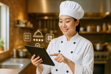 Chef using tablet to manage kitchen orders at restaurant culinary workspace digital menu professional environment close-up view