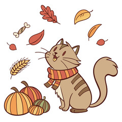 Vector illustration of a Joyful Maine Coon with with a scarf, styled in a Thanksgiving theme using Harvest Blessings colors