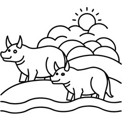 Adorable bison family grazes under the sun in a simple line drawing, perfect for children's books, educational materials, or nature-themed designs, offering a touch of rustic charm