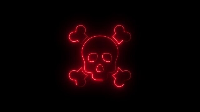 Glowing neon jolly roger sign, looped animation. Pirate skull emoji, corsair cranium, danger, death warning. Skull Crossbones neon sign appear in center and disappear after some time. 4k video