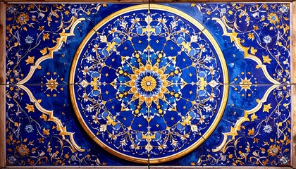 Intricate blue and gold tile design with floral, starburst, and arabesque patterns