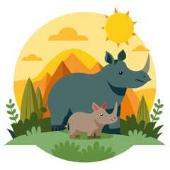Adorable rhino family illustration perfect for children's books and educational materials, showcasing wildlife conservation in a playful, engaging style, a modern design