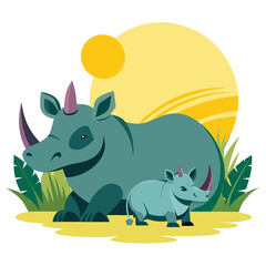 Delightful rhino family in serene jungle setting, a sweet animal cartoon ideal for children's books, educational resources and vibrant wildlife-themed illustrations, perfect for promoting conservation