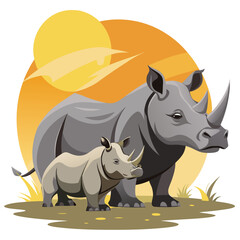 Magnificent rhino and calf, a powerful duo in the wild, rendered with stunning detail and artistry, perfect for conservation projects, educational materials, and impactful storytelling