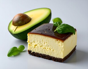 Avocado-flavored cheesecake slice beside avocado half
