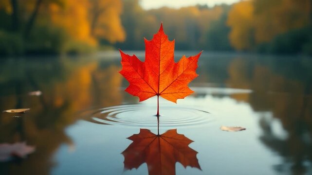 A single red leaf drifting on the surface of calm water, with ripples and reflections