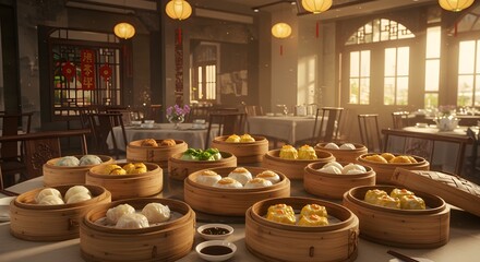 Chinese dim sum served in bamboo baskets, traditional cuisine with authentic taste and charm.
