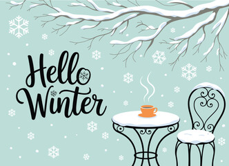 Vector Winter Landscape with “Hello Winter” Inscription, Snow-Covered Tree Branches, and Street Café Featuring Hot Tea in Yellow Cup. Cozy Seasonal Illustration for Winter Design