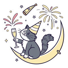 Obraz premium SVG art: A Loving Maine Coon in a New Year celebration vibe with sitting on a moon, tinted with Midnight Sparkle tones