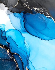 Abstract alcohol ink art, vibrant blue and dark hues, gold flecks