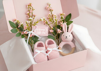 Cute baby girl gift box with pink booties, bunny rattle, and floral decoration