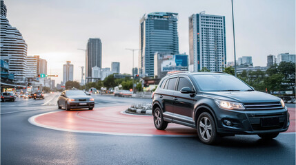 A vehicle approaches a roundabout while another waits, illustrating traffic awareness, timing, and the importance of yielding to maintain flow and prevent collisions.