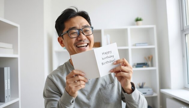 Man smiling while holding birthday card in bright home interior  