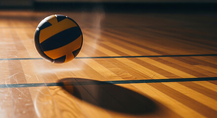 A volleyball floating mid-air above a wooden gymnasium floor, casting a shadow.