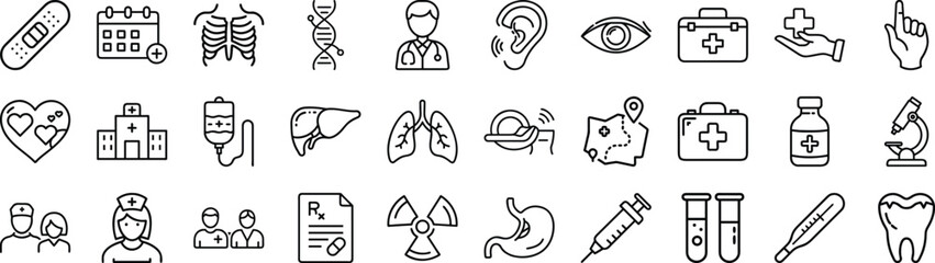 Collection of minimalist line icons representing diverse hospital and medical concepts vector
