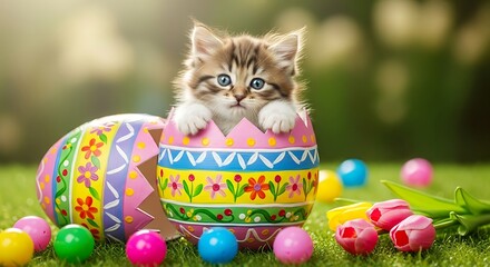 Adorable kitten emerging from a vibrantly decorated easter egg in a whimsical outdoor setting