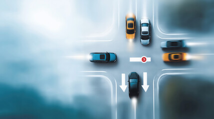 Four cars approach a crossroads from different directions, symbolizing decision-making, caution, and the delicate balance of rules and trust that guide safe movement in society.
