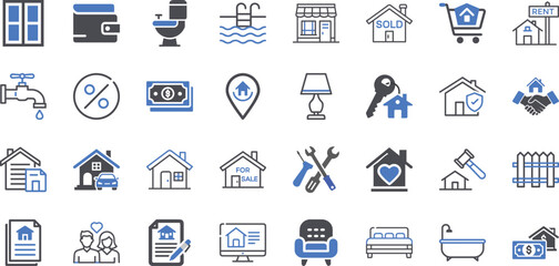 Collection of real estate icons representing property services and transactions vector
