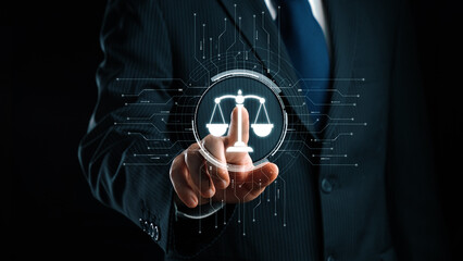 Futuristic digital law interface displaying justice scale, highlighting digital law, AI compliance,...