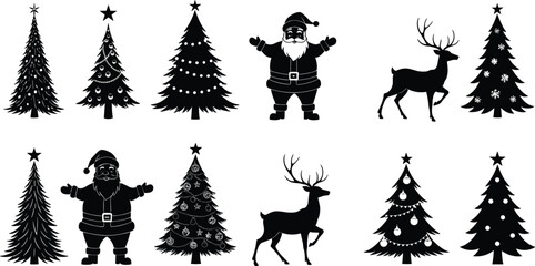 Christmas trees, Santa Claus, reindeer silhouettes, holiday decorations, festive season, winter celebration, Xmas symbols, pine trees, seasonal icons, winter holiday design.