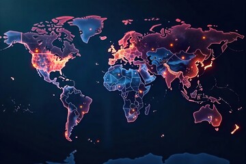 Global network, interconnected nodes representing international business, digital world map background Concept of worldwide cooperation and expansion in a digital age , international, future