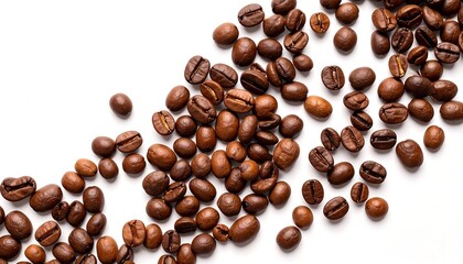 Roasted coffee beans scattered on white background