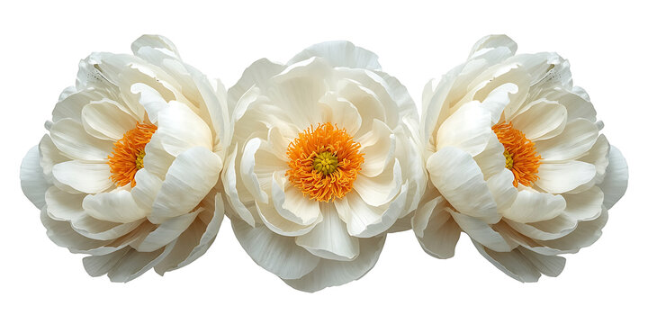 Three identical, realistic white flowers with layered petals, featuring soft grayish-blue outer tones, are displayed side by side on a plain white background. Each flower has bright orange stamens enc