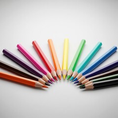Fototapeta premium A vibrant semicircle of colored pencils, arranged in a spectrum, with tips converging to a focal point on white background offers a creative design element
