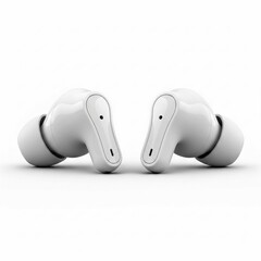 Close-up of a pair of white wireless earbuds on a white surface, capturing their sleek design and showcasing audio technology for music lovers and tech enthusiasts for everyday use