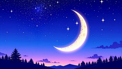 Naklejka premium Evening vista: a serene depiction of a crescent moon and starry sky over a landscape