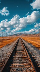 Obraz premium Ultra quality image of railway in the desert with blue sky and white clouds background.