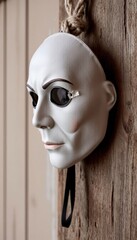 White theatrical mask hanging on wooden wall with rope  