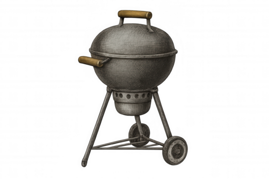 Charcoal barbecue grill featuring wooden handles, three-legged design with wheels, positioned on transparent backdrop - Powered by Adobe