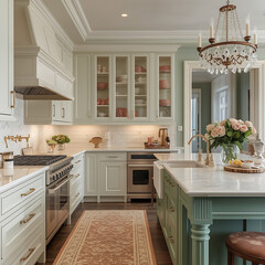 A classic kitchen with emerald green and dusty pink accents, creamy white cabinets, warm golden lighting, antique bronze hardware, vintage accessories, and a crystal chandelier exudes charm and sophis