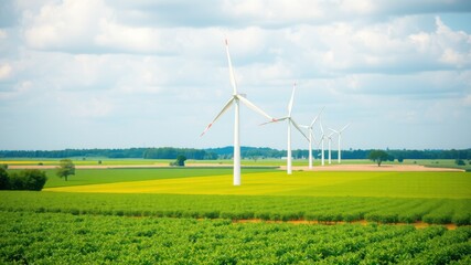 Row of modern wind turbines generating clean energy in a lush green agricultural landscape under a cloudy sky