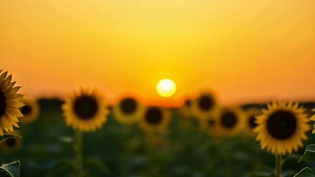 field of blooming sunflowers on a background sunset